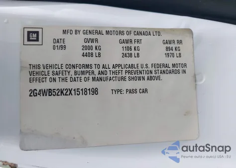 1999 Buick Regal Ls from USA, damaged, VIN 2G4WB52K2X1518198